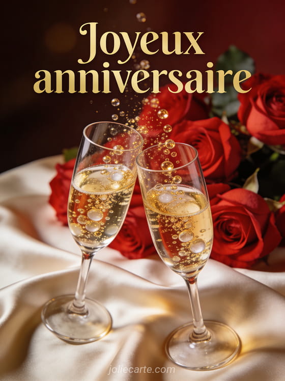 Deux coupes de champagne qui trinquent avec bulles dorées et roses rouges en arrière-plan, texte Joyeux anniversaire en lettres dorées