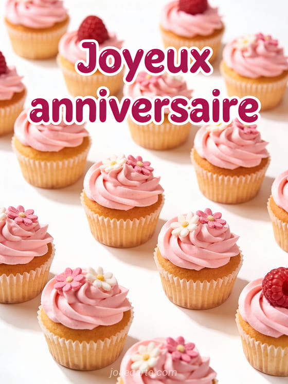 Cupcakes décorés de crème rose et de petites fleurs en sucre avec texte Joyeux anniversaire en lettres framboise