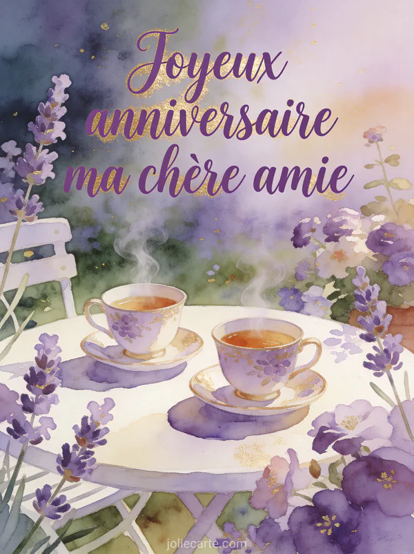 Deux tasses de thé fumantes sur table de jardin fleuri avec texte Joyeux anniversaire ma chère amie en lettres manuscrites violettes