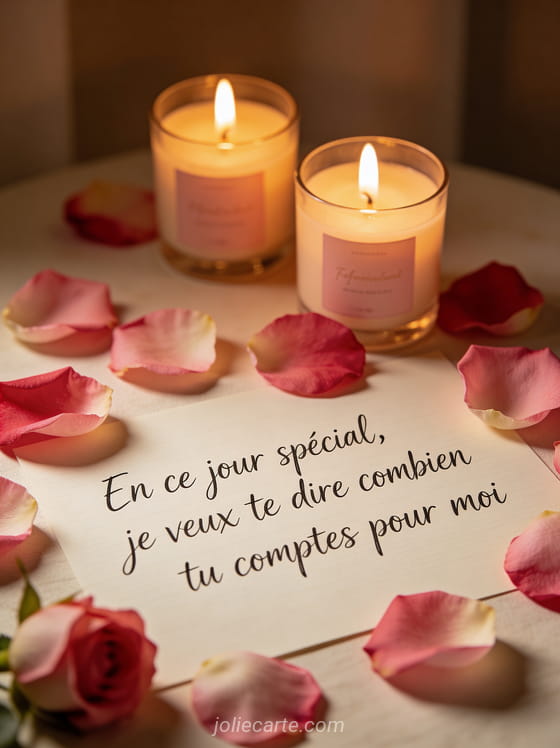Pétales de roses éparpillés avec bougies parfumées et texte manuscrit élégant sur fond de lumière tamisée