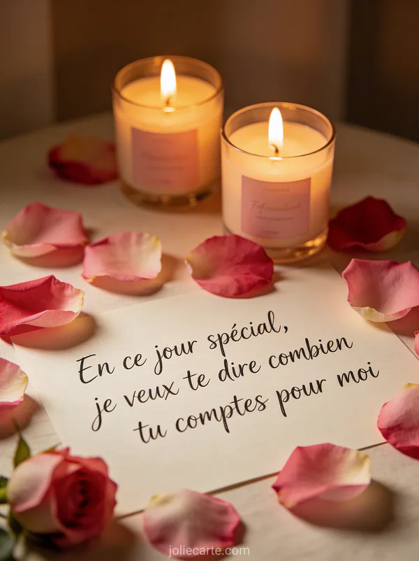 Pétales de roses éparpillés avec bougies parfumées et texte manuscrit élégant sur fond de lumière tamisée