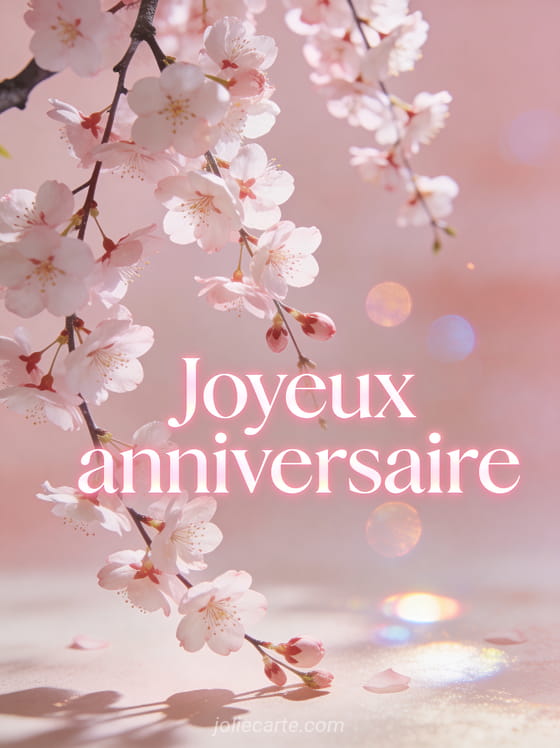 Fleurs de cerisier tombant en cascade avec branches fleuries et texte Joyeux anniversaire en lettres rose pâle lumineuses