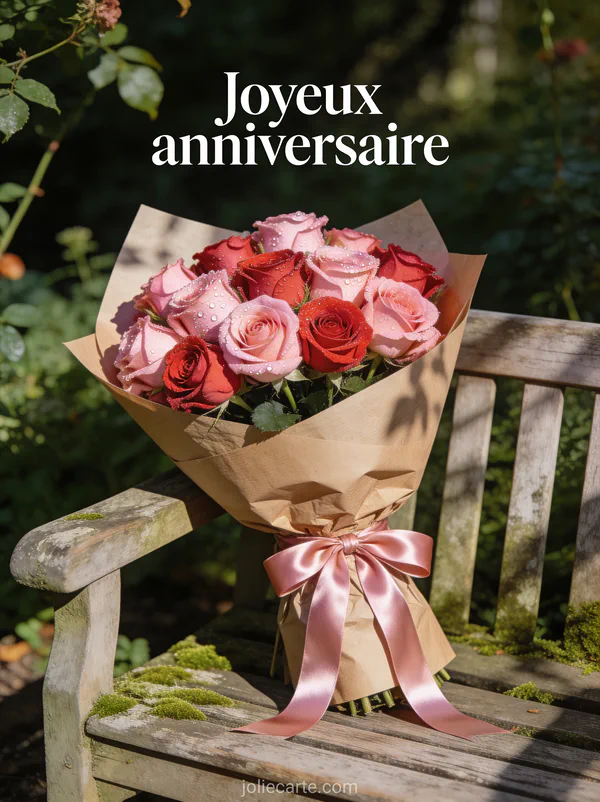 Bouquet de roses roses et rouges emballé en papier kraft avec ruban de satin posé sur un banc de jardin