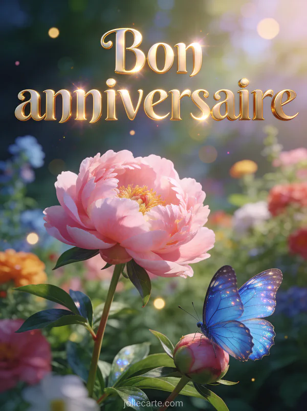 Papillon bleu posé sur une pivoine rose dans un jardin enchanteur avec bokeh lumineux et texte Bon anniversaire en lettres dorées