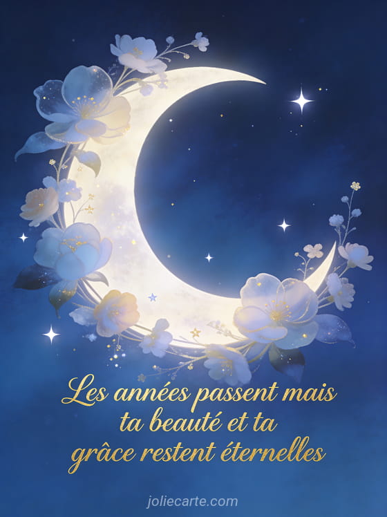 Croissant de lune entouré de fleurs et d'étoiles avec texte manuscrit doré sur fond bleu nuit onirique