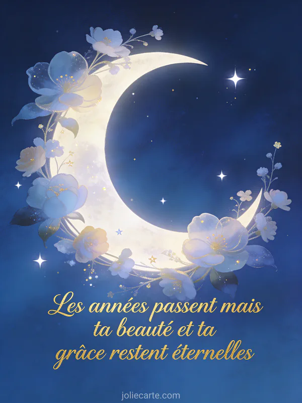 Croissant de lune entouré de fleurs et d'étoiles avec texte manuscrit doré sur fond bleu nuit onirique