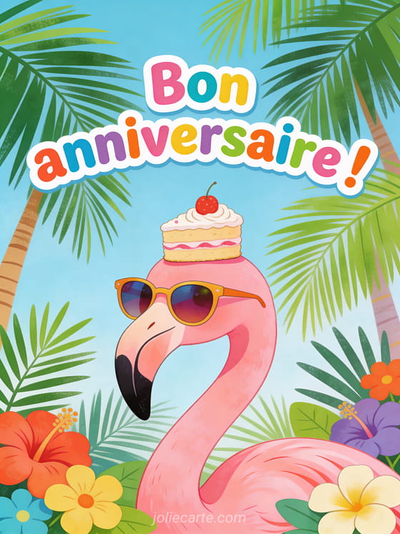Flamant rose portant des lunettes de soleil avec un petit gâteau sur la tête dans un décor tropical avec palmiers
