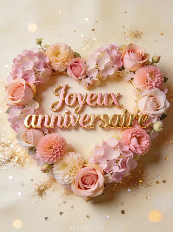 Arrangement floral en forme de coeur avec roses, hortensias et renoncules sur fond crème avec paillettes dorées