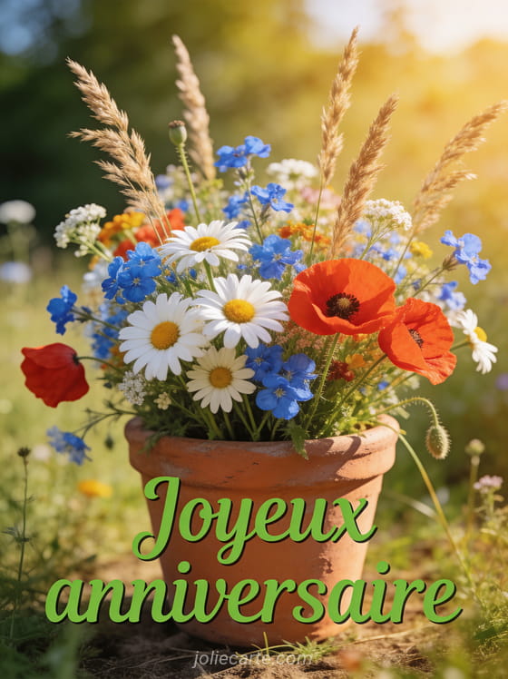 Bouquet de fleurs des champs marguerites bleuets coquelicots dans un pot en terre cuite avec lumière dorée