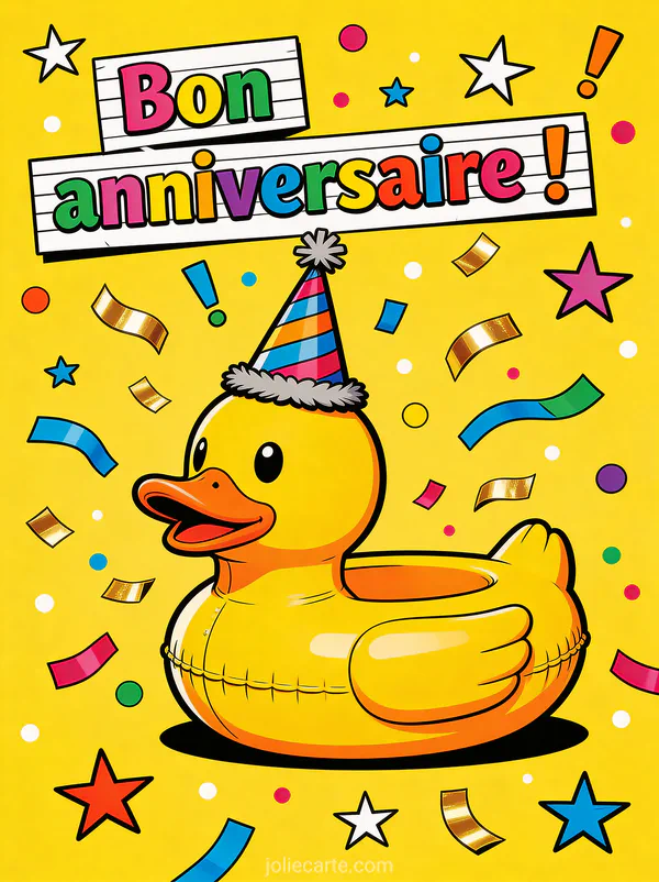 Canard en caoutchouc géant avec chapeau de fête et confettis avec texte Bon anniversaire en lettres bande dessinée colorées