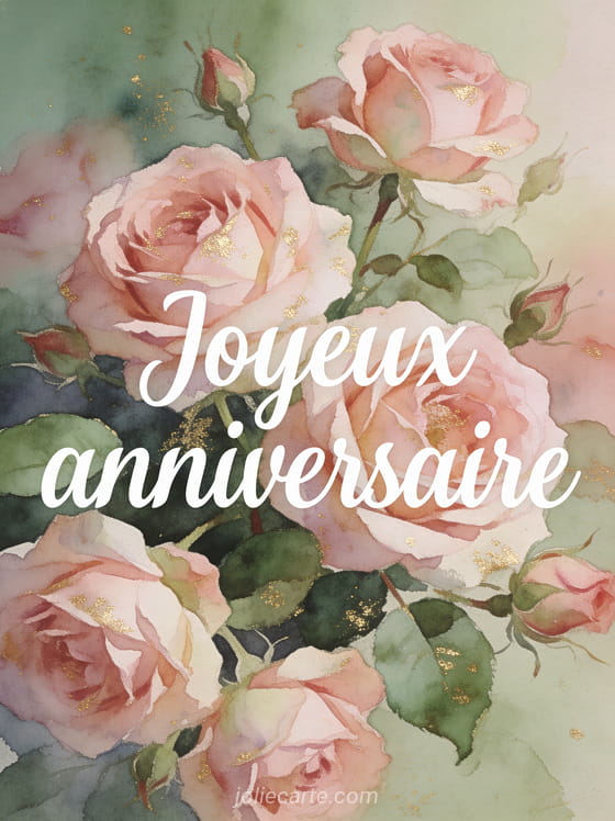 Roses anciennes en aquarelle vieux rose et vert sauge avec touches dorées et texte Joyeux anniversaire en lettres cursives blanches