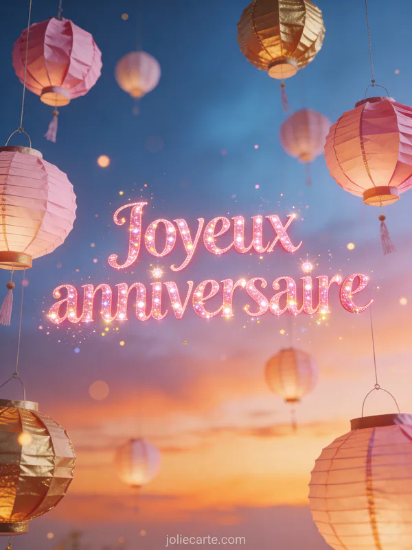 Lanternes en papier rose et doré suspendues dans un crépuscule bleu et orange avec texte Joyeux anniversaire en lettres roses scintillantes