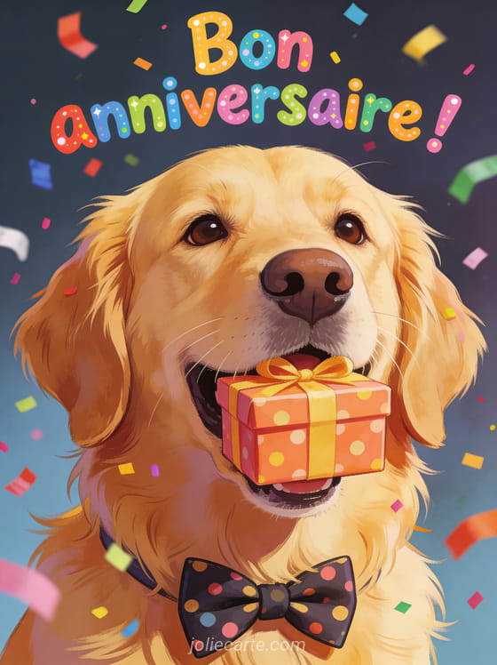Chien golden retriever avec noeud papillon tenant un cadeau dans sa gueule entouré de confettis multicolores