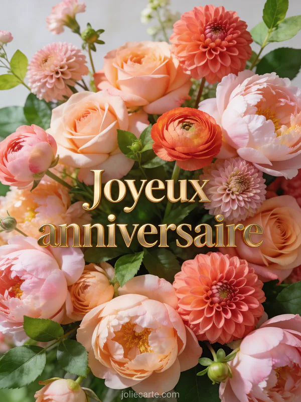 Explosion de fleurs printanières pivoines renoncules dahlias en tons rose pêche et corail avec texte Joyeux anniversaire en lettres dorées