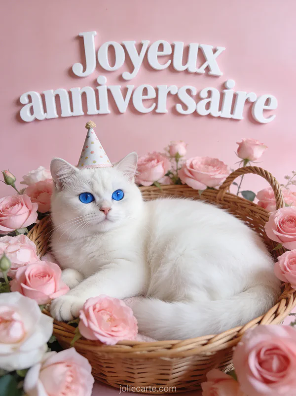 Chat blanc aux yeux bleus couché dans un panier entouré de fleurs roses avec chapeau de fête sur fond rose poudré