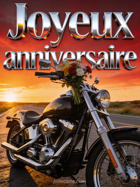 Moto custom vintage avec bouquet de fleurs au guidon devant un coucher de soleil sur route ouverte et texte Joyeux anniversaire en lettres chromées