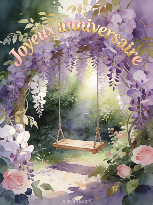 Jardin secret avec balançoire entourée de glycine en fleurs et lumière filtrée avec texte Joyeux anniversaire en lettres aquarelle