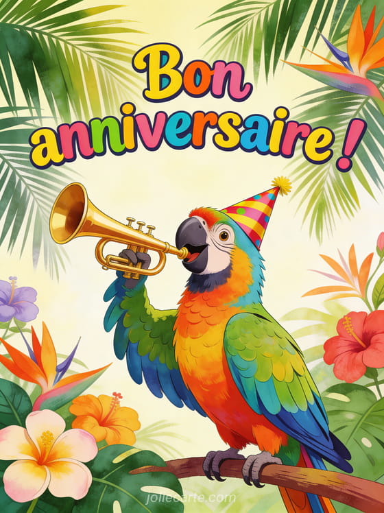 Perroquet multicolore avec chapeau de fête soufflant dans une trompette entouré de fleurs exotiques et feuilles de palmier