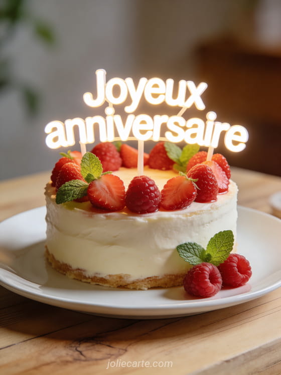 Gâteau d'anniversaire décoré de fruits rouges et menthe sur assiette en porcelaine avec texte Joyeux anniversaire en lettres blanches