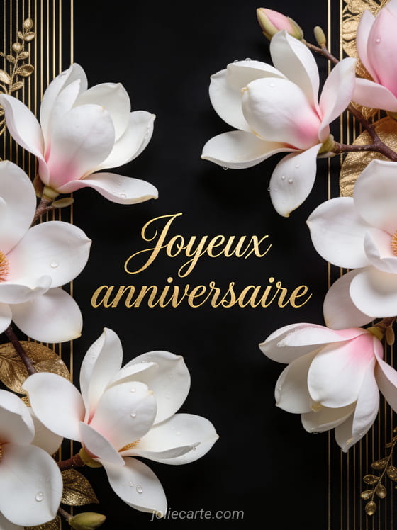 Magnolias blancs sur fond noir mat avec touches dorées et texte Joyeux anniversaire en calligraphie dorée raffinée