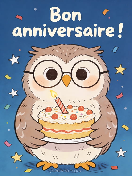 Chouette avec lunettes rondes tenant un gâteau d'anniversaire avec bougie de travers entourée d'étoiles et confettis