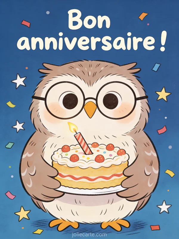 Chouette avec lunettes rondes tenant un gâteau d'anniversaire avec bougie de travers entourée d'étoiles et confettis