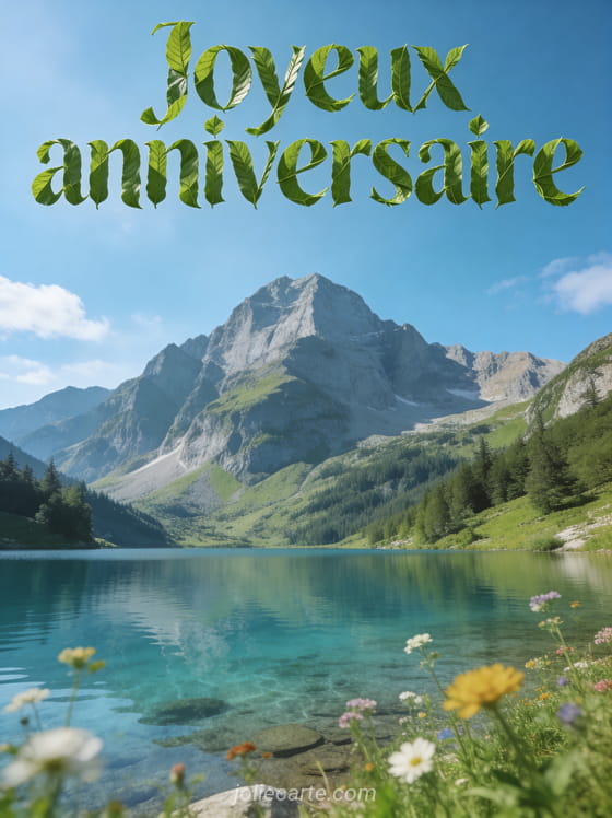 Paysage de montagne avec lac cristallin reflet du ciel bleu et fleurs sauvages au premier plan, texte Joyeux anniversaire en lettres vertes
