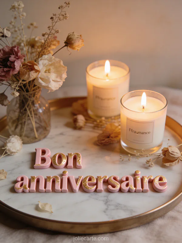 Bougies parfumées et fleurs séchées sur plateau en marbre avec texte Bon anniversaire en lettres rose poudré et doré
