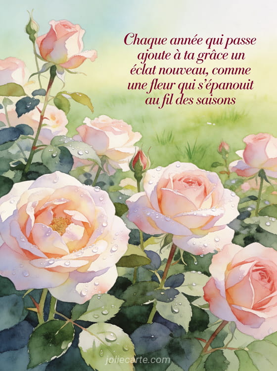 Jardin de roses anglaises en pleine floraison avec rosée du matin et texte manuscrit bordeaux en style aquarelle botanique