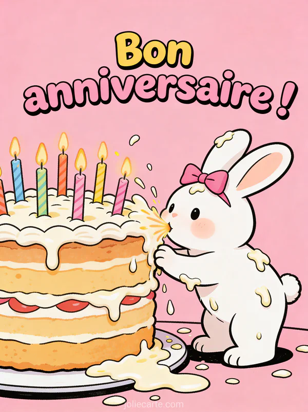 Lapin blanc avec noeud rose soufflant les bougies d'un énorme gâteau avec crème partout sur fond rose bonbon