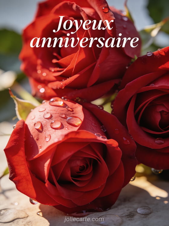 Gros plan de roses rouges avec gouttes de rosée et pétales veloutés en lumière douce du matin avec texte Joyeux anniversaire