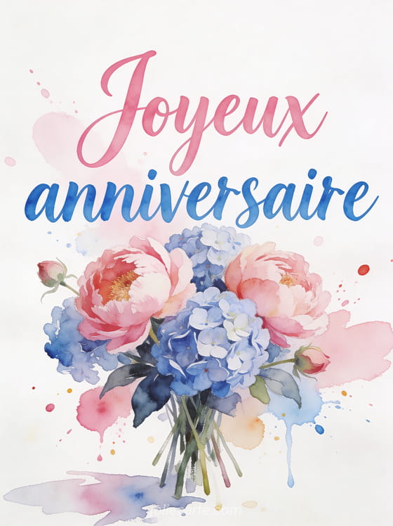 Bouquet de pivoines et hortensias peint à l'aquarelle avec éclaboussures de couleur rose et bleu sur fond blanc