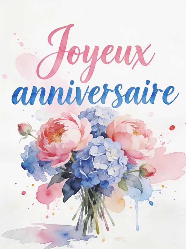 Bouquet de pivoines et hortensias peint à l'aquarelle avec éclaboussures de couleur rose et bleu sur fond blanc