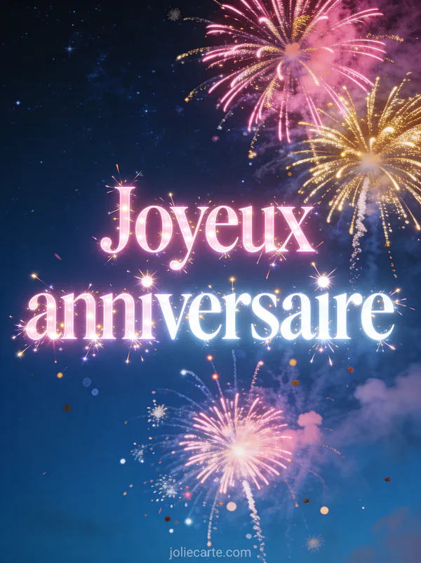 Feux d'artifice roses et dorés explosant dans un ciel bleu marine avec texte Joyeux anniversaire en lettres lumineuses