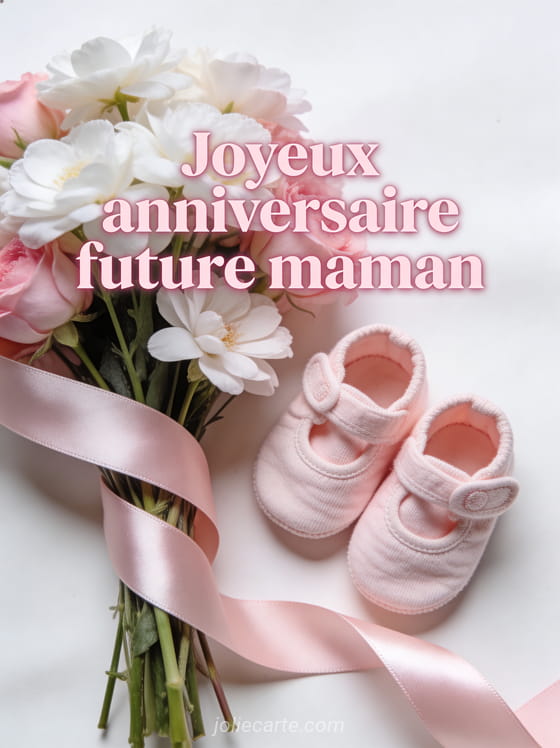 Petits chaussons de bébé à côté d'un bouquet de fleurs blanches et roses avec ruban de satin et texte Joyeux anniversaire future maman