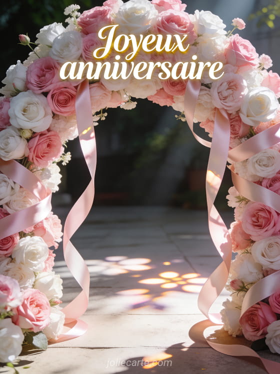 Arche de fleurs roses et blanches avec rubans de soie et lumière naturelle filtrée à travers les pétales