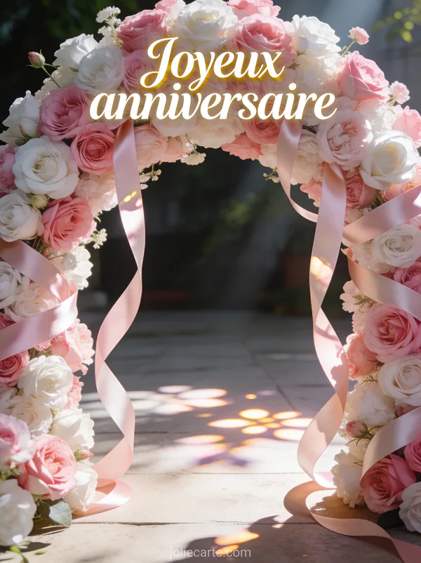 Arche de fleurs roses et blanches avec rubans de soie et lumière naturelle filtrée à travers les pétales