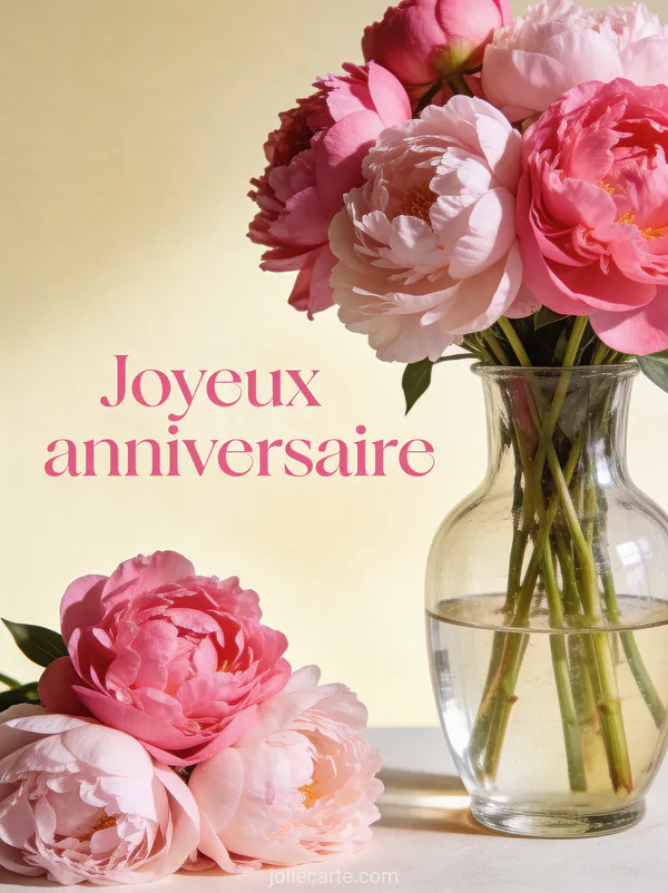 Arrangement de pivoines rose vif et rose pâle dans un vase en verre avec pétales épanouis en lumière douce latérale