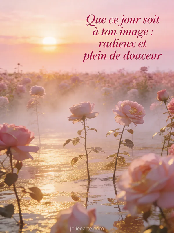 Lever de soleil rose et doré sur un champ de fleurs avec brume légère et texte manuscrit rose foncé