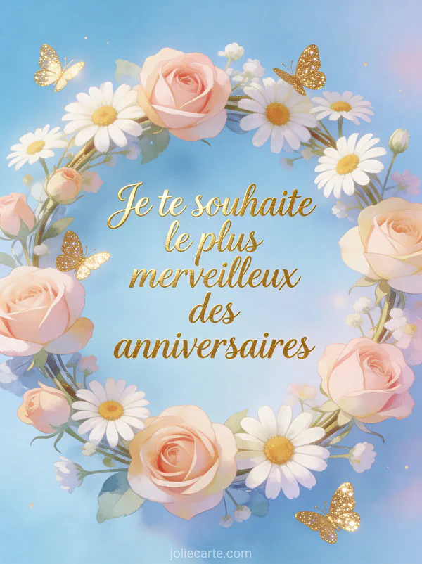 Couronne de fleurs avec roses et marguerites et petits papillons dorés, texte cursif doré sur fond bleu pastel