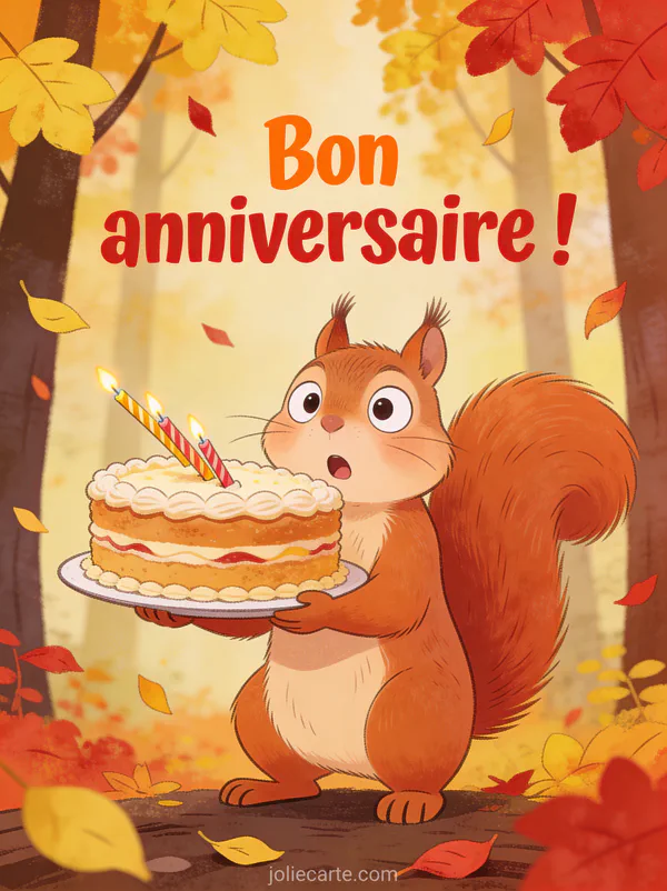 Écureuil surpris tenant un gâteau trop grand avec bougies qui penchent dans un décor de forêt automnale