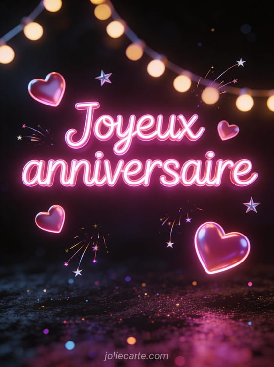 Lettres néon roses Joyeux anniversaire avec coeurs lumineux et étoiles filantes sur fond sombre scintillant