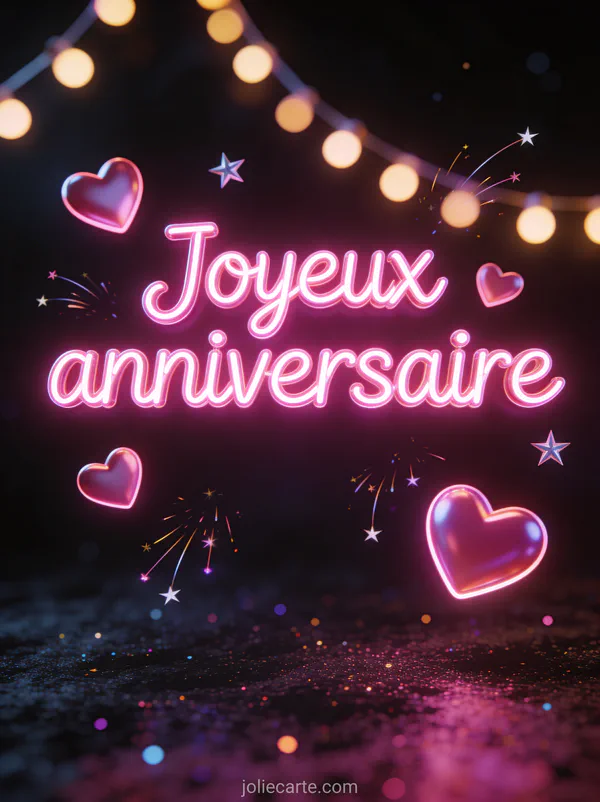 Lettres néon roses Joyeux anniversaire avec coeurs lumineux et étoiles filantes sur fond sombre scintillant