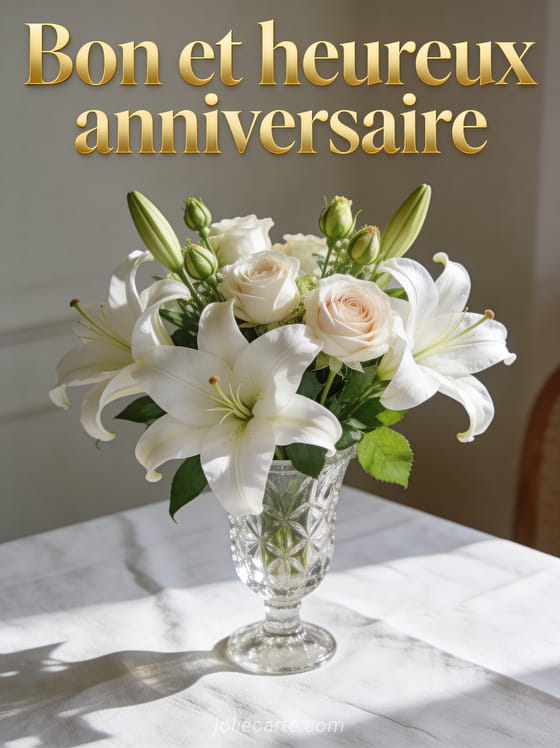 Lys blancs et roses dans un vase en cristal sur nappe en lin blanc avec texte Bon et heureux anniversaire en lettres dorées classiques