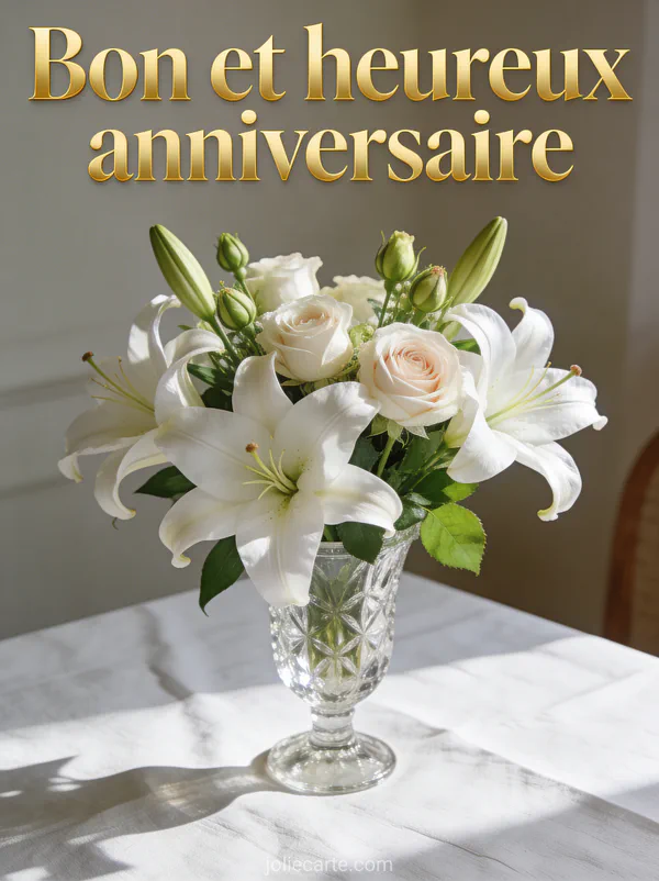 Lys blancs et roses dans un vase en cristal sur nappe en lin blanc avec texte Bon et heureux anniversaire en lettres dorées classiques