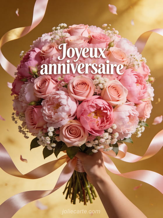 Immense bouquet rond de roses roses, pivoines et gypsophile tenu en hauteur avec rubans de satin et lumière dorée