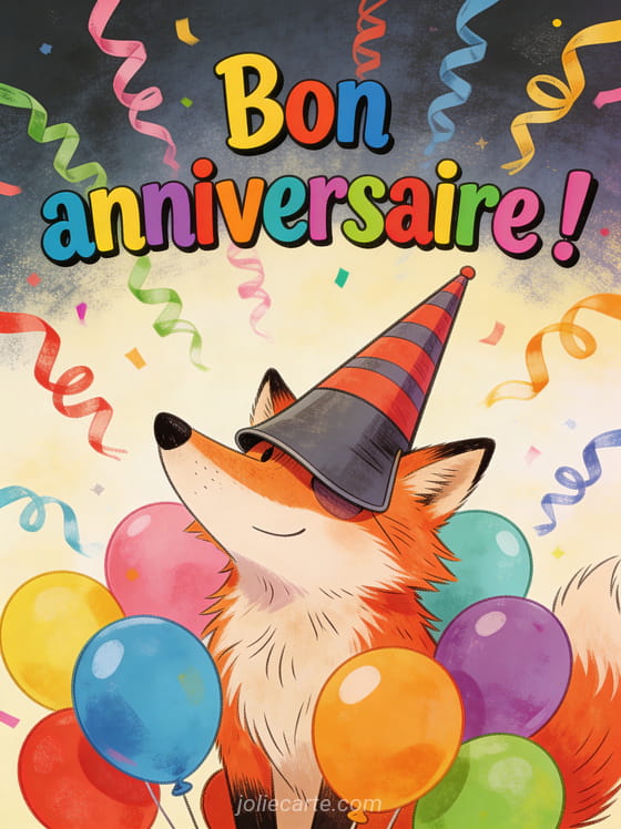 Renard roux portant un chapeau pointu trop grand entouré de ballons colorés et serpentins avec texte Bon anniversaire