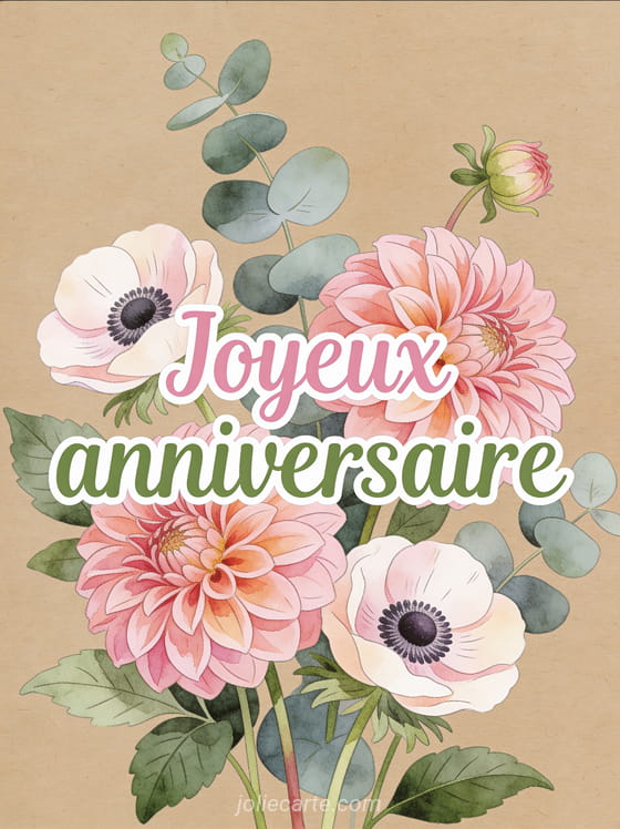 Composition florale dahlias roses anémones et feuilles d'eucalyptus peints à la main sur fond kraft naturel