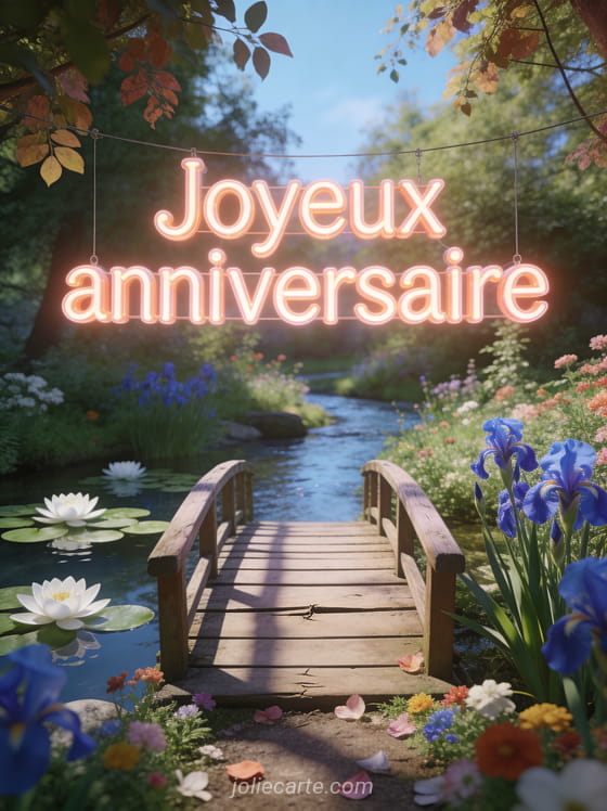 Petit pont en bois sur ruisseau dans un jardin fleuri avec nénuphars et iris, lumière filtrée à travers les arbres