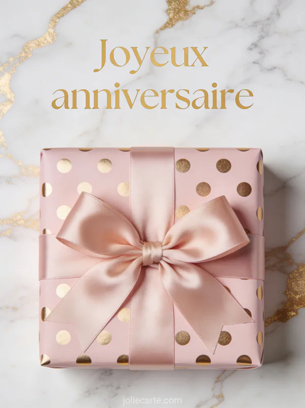 Cadeau emballé en papier rose à pois dorés avec gros noeud en satin sur fond marbré blanc et doré